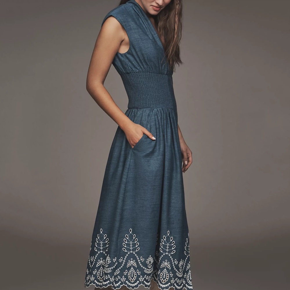 NWT Anthropologie Tommie Denim Chambray Zip Eyelet Embroidered Trim Dress Medium - Picture 3 of 6